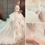 Charming Ivory Wedding Dresses 2019 Ball Gown Scoop Neck Lace Flower Beading Tassel Short Sleeve Backless Cascading Ruffles Cathedral Train Wedding