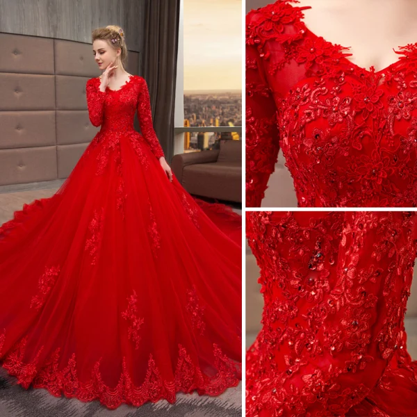 Chinesischer Stil Muslimisches Rot Brautkleider / Hochzeitskleider 2019 A Linie V-Ausschnitt Spitze Blumen Kristall Pailletten Lange Ärmel Königliche Schleppe