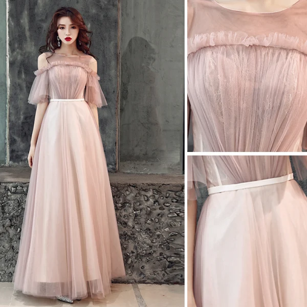Elegant Pearl Pink Evening Dresses 2019 A-Line / Princess Scoop Neck Ruffle Sash Short Sleeve Backless Floor-Length / Long Formal Dresses