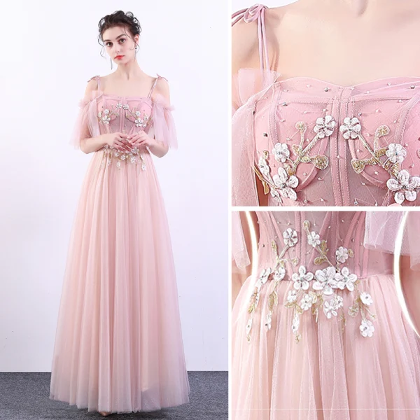 Elegant Candy Pink Prom Dresses 2019 A-Line / Princess Spaghetti Straps Lace Flower Pearl Short Sleeve Backless Floor-Length / Long Formal Dresses