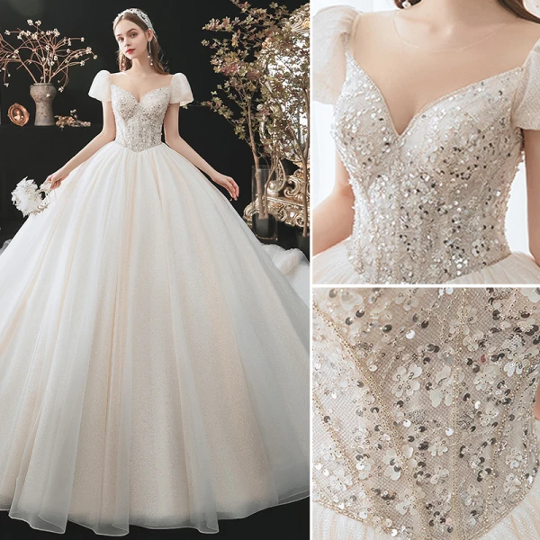 Charming Fashion Champagne Beading Sequins Wedding Dresses 2021 Ball Gown Scoop Neck Appliques Short Sleeve Backless Royal Train Wedding
