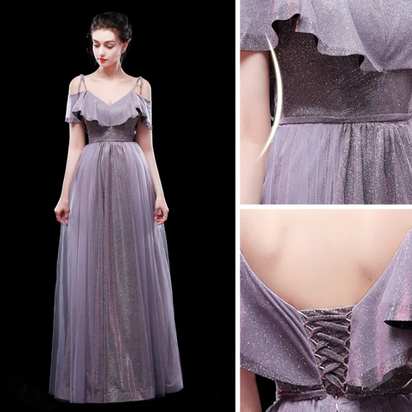 Charmig Lavendel Aftonklänningar 2019 Prinsessa Spaghettiband Glittriga / Glitter Polyester Ärmlös Halterneck Långa Formella Klänningar