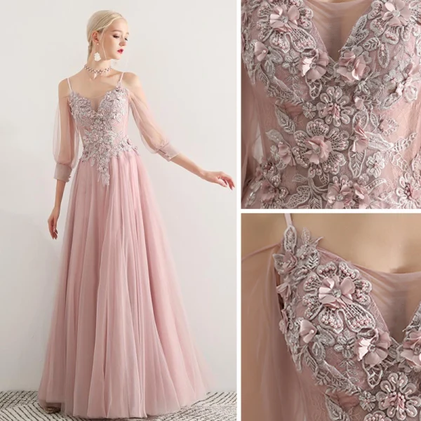 Elegant Blushing Pink Prom Dresses 2019 A-Line / Princess Spaghetti Straps Appliques Lace Flower Beading 3/4 Sleeve Backless Floor-Length / Long Formal Dresses