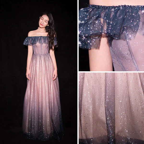 Scintillantes Dégradé De Couleur Rougissant Rose Robe De Soirée 2019 Princesse De l'épaule Glitter Paillettes Manches Courtes Dos Nu Longue Robe De Ceremonie