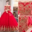 Chinese style Red Wedding Dresses 2019 Ball Gown Off-The-Shoulder Gold Lace Flower 1/2 Sleeves Backless Cathedral Train
