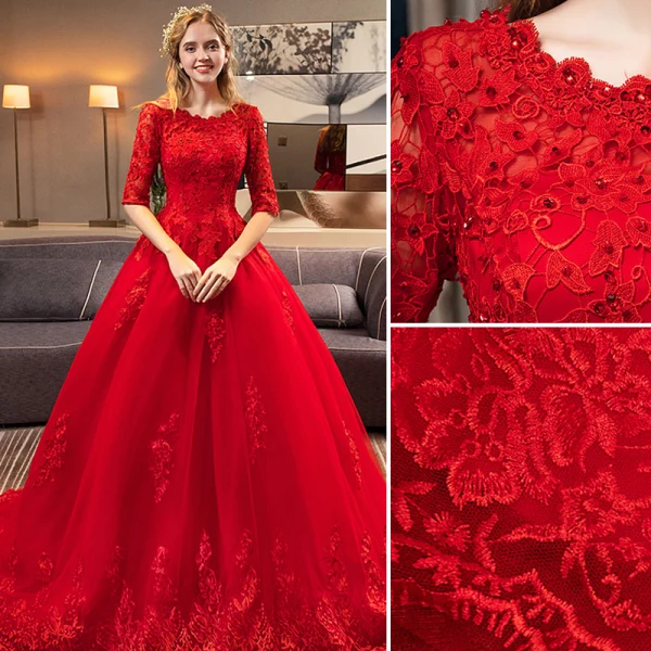 Chic / Belle Rouge Robe De Mariée 2019 Princesse Encolure Dégagée Perlage Cristal En Dentelle Fleur 1/2 Manches Royal Train