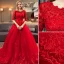 Chic / Belle Rouge Robe De Mariée 2019 Princesse Encolure Dégagée Perlage Cristal En Dentelle Fleur 1/2 Manches Royal Train