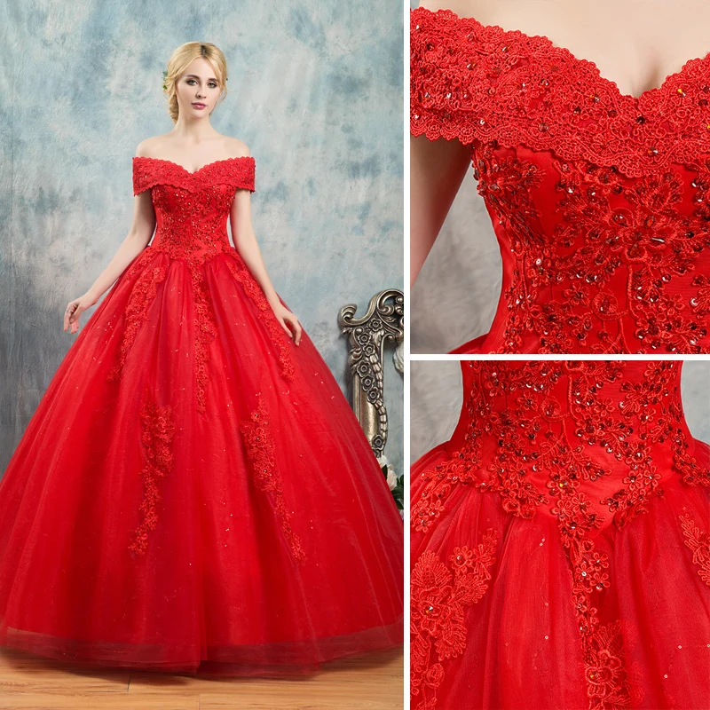 Elegant Red Wedding Dresses 2019 Ball Gown Off The Shoulder Beading Crystal  Flower Lace Short Sleeve Backless Floor Length Long