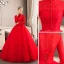 Chinese style Muslim Red Wedding Dresses 2019 Ball Gown High Neck Buttons Bow Lace Flower Sequins 3/4 Sleeve Floor-Length / Long