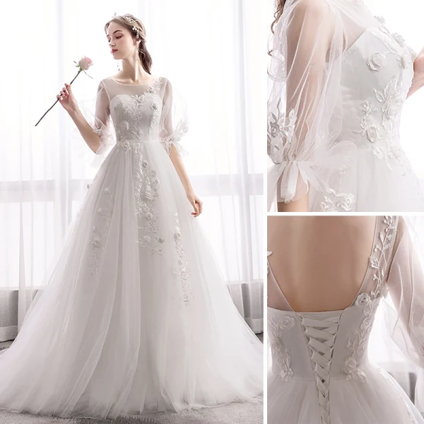 Elegant Ivory Wedding Dresses 2019 A-Line / Princess Scoop Neck Appliques Lace Flower Bell sleeves Backless Sweep Train