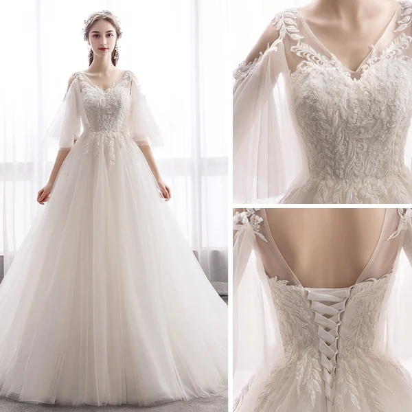 Élégant Ivoire Robe De Mariée 2019 Princesse V-Cou En Dentelle Fleur 1/2 Manches Dos Nu Train De Balayage