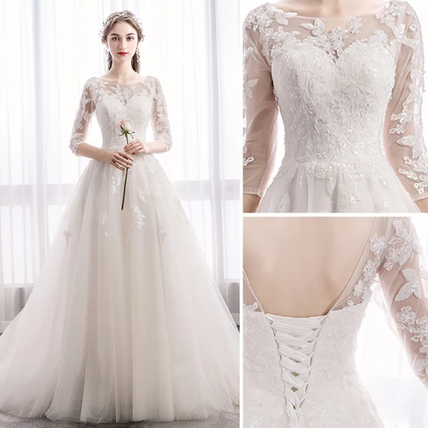 Elegant Ivory Wedding Dresses 2019 A-Line / Princess Scoop Neck Sequins Lace Flower 1/2 Sleeves Backless Sweep Train