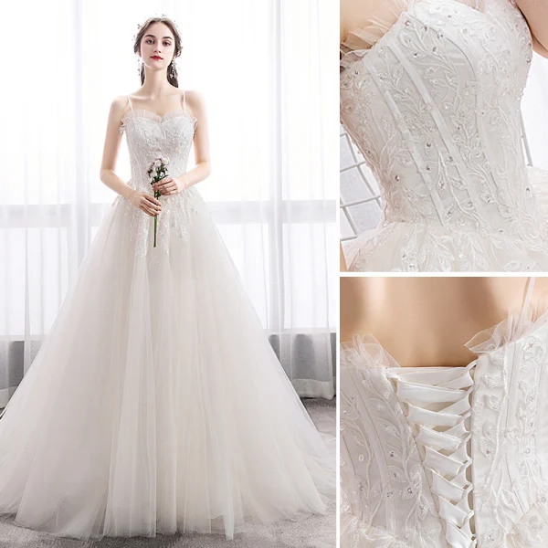 Elegant Ivory Wedding Dresses 2019 A-Line / Princess Spaghetti Straps Sequins Lace Flower Sleeveless Backless Court Train