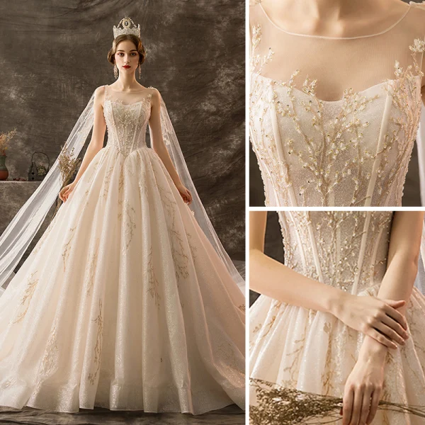 Luxury / Gorgeous Champagne Wedding Dresses 2019 A-Line / Princess Scoop Neck Beading Crystal Lace Flower Sequins Sleeveless Backless Watteau Train Royal Train
