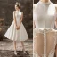 Modest / Simple Ivory Wedding Dresses 2019 A-Line / Princess High Neck Lace Flower Buttons Sleeveless Knee-Length