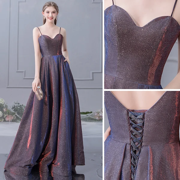 Charmant Violett Abendkleider 2019 A Linie Spaghettiträger Glanz Polyester Ärmellos Rückenfreies Lange Festliche Kleider