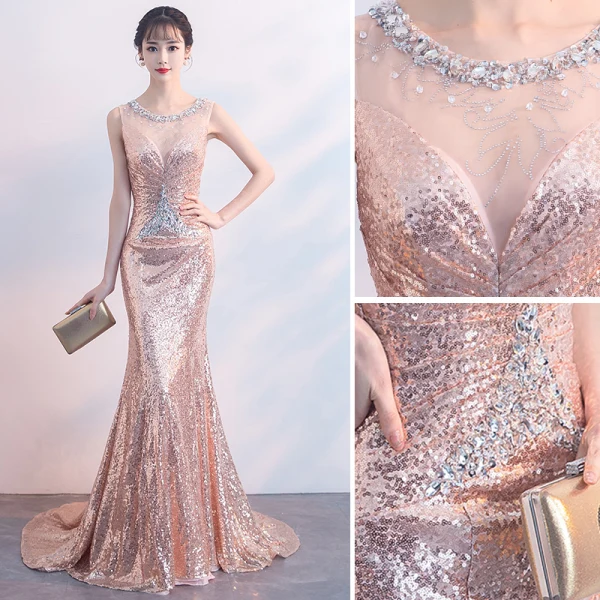 Sparkly Pearl Pink Evening Dresses 2019 Trumpet / Mermaid Scoop Neck Sleeveless Sequins Crystal Rhinestone Sweep Train Formal Dresses