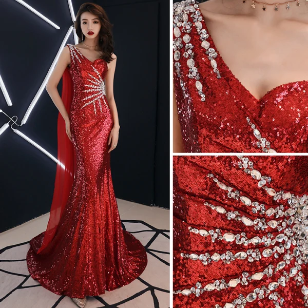 Sexy Rot Abendkleider 2019 Meerjungfrau One-Shoulder Pailletten Strass Kristall Ärmellos Rückenfreies Sweep / Pinsel Zug Festliche Kleider
