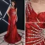 Sexy Rot Abendkleider 2019 Meerjungfrau One-Shoulder Pailletten Strass Kristall Ärmellos Rückenfreies Sweep / Pinsel Zug Festliche Kleider