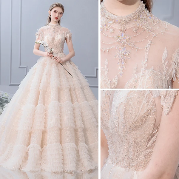 Luxury / Gorgeous Champagne Wedding Dresses 2019 A-Line / Princess High Neck Beading Crystal Pearl Sequins Short Sleeve Backless Royal Train