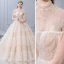 Luxury / Gorgeous Champagne Wedding Dresses 2019 A-Line / Princess High Neck Beading Crystal Pearl Sequins Short Sleeve Backless Royal Train