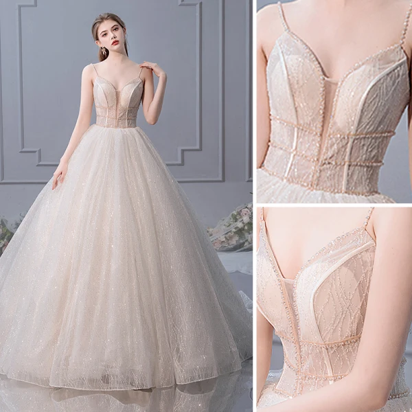 Élégant Champagne Robe De Mariée 2019 Robe Boule Bretelles Spaghetti Sans Manches Dos Nu Cathedral Train