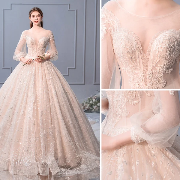 Luxe Champagne Robe De Mariée 2019 Robe Boule Encolure Dégagée Paillettes En Dentelle Fleur 3/4 Manches Dos Nu Royal Train