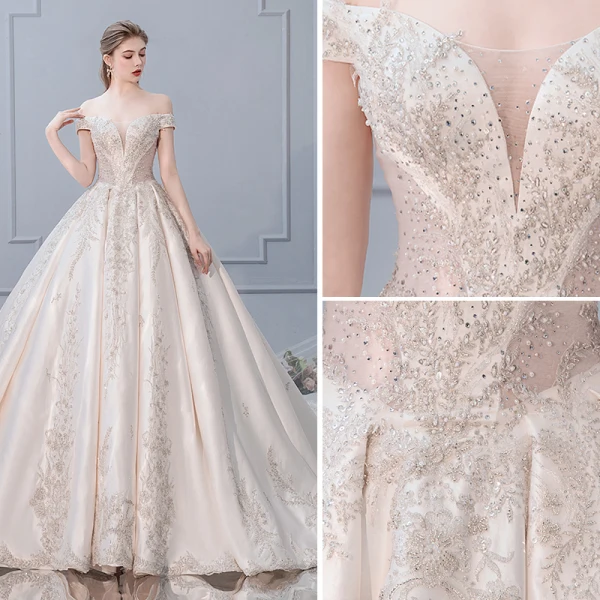 Luxe Champagne Robe De Mariée 2019 Robe Boule De l'épaule Perlage Paillettes En Dentelle Fleur Manches Courtes Dos Nu Royal Train