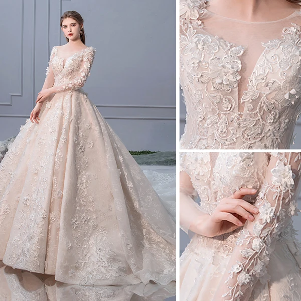 Elegante Champagne Trouwjurken 2019 A lijn Ronde Hals Parel Appliques Kant Bloem Lange Mouwen Ruglooze Royal Train