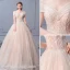 Elegant Champagne Wedding Dresses 2019 Ball Gown Off-The-Shoulder Beading Pearl Sequins Appliques Lace Flower Short Sleeve Backless Floor-Length / Long