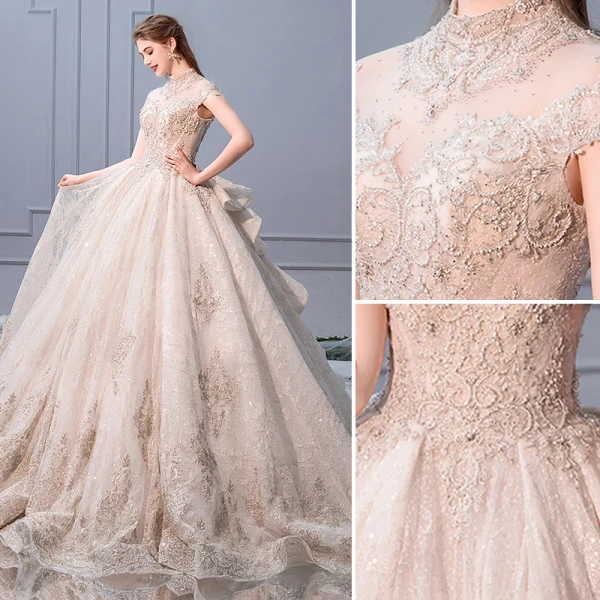 Luxury / Gorgeous Champagne Wedding Dresses 2019 Ball Gown Scoop Neck Beading Pearl Sequins Lace Flower Cap Sleeves Backless Royal Train Cascading Ruffles