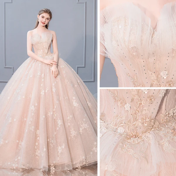 Luxury / Gorgeous Champagne Wedding Dresses 2019 Ball Gown Strapless Rhinestone Pearl Lace Flower Sequins Sleeveless Backless Royal Train