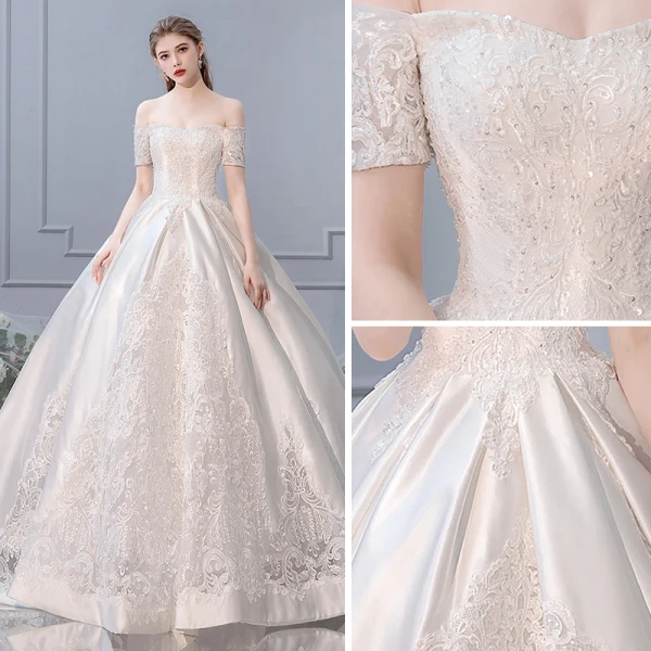 Luxury / Gorgeous Ivory Pierced Wedding Dresses 2019 A-Line / Princess Off-The-Shoulder Beading Sequins Lace Flower Short Sleeve Backless Royal Train