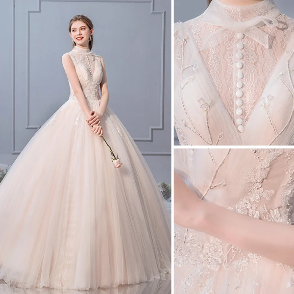 Chic / Beautiful Champagne Wedding Dresses 2019 Ball Gown High Neck Beading Sequins Lace Flower Sleeveless Backless Pearl Floor-Length / Long