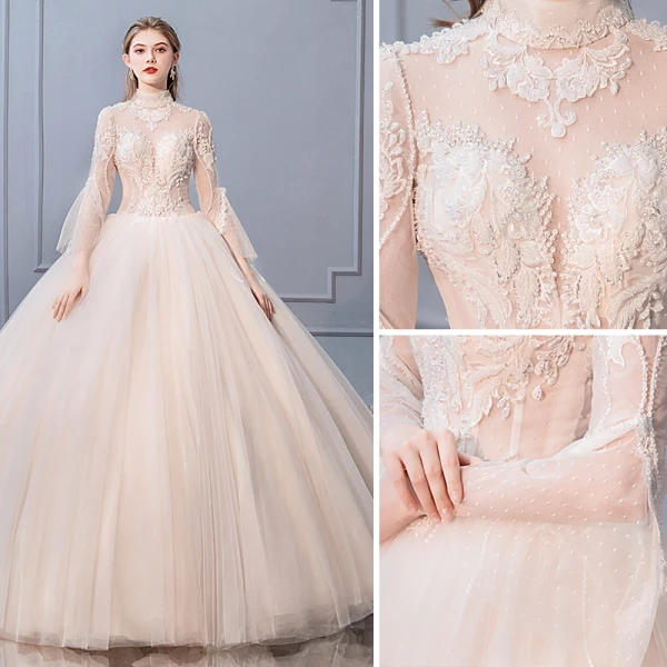 Elegante Champagner Brautkleider / Hochzeitskleider 2019 Ballkleid Stehkragen Perlenstickerei Pailletten Spitze Blumen Lange Ärmel Rückenfreies Lange