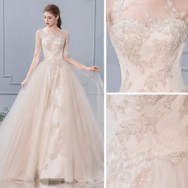 Chic / Belle Champagne Robe De Mariée 2019 Princesse Encolure Dégagée Perlage En Dentelle Fleur 1/2 Manches Cathedral Train