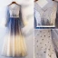 Chic / Belle Bleu Marine Dégradé De Couleur Robe De Soirée 2019 Princesse V-Cou Perlage Cristal Étoile Paillettes Ceinture Manches Longues Longue Robe De Ceremonie