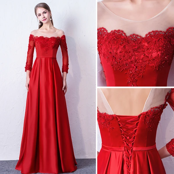 Chic / Beautiful Red Evening Dresses 2019 A-Line / Princess Scoop Neck Appliques Beading Lace Flower 3/4 Sleeve Backless Floor-Length / Long Formal Dresses