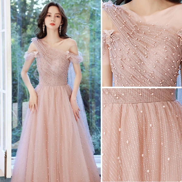 Luxe Champagne Robe De Bal 2018 Princesse Fait main Perlage Perle Paillettes V-Cou Dos Nu Sans Manches Train De Balayage Robe De Ceremonie