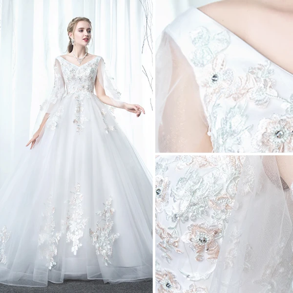 Modern / Fashion White Pregnant Wedding Dresses 2019 Empire V-Neck Lace Flower Rhinestone Sleeveless Backless Chapel Train