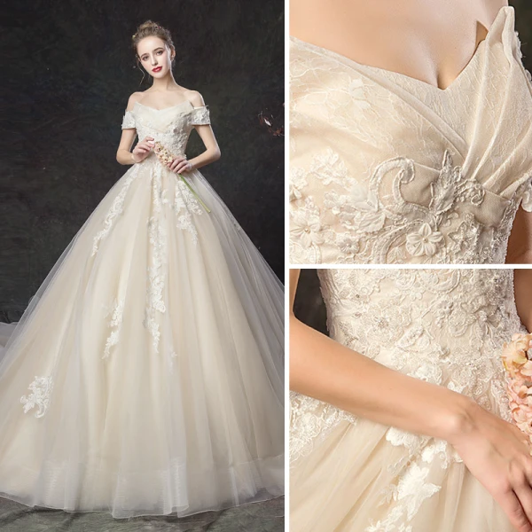 Chic / Belle Champagne Robe De Mariée 2019 Princesse De l'épaule Perle Appliques En Dentelle Fleur Manches Courtes Dos Nu Cathedral Train
