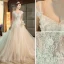 Charmant Champagner Brautkleider / Hochzeitskleider 2019 A Linie Eckiger Ausschnitt Applikationen Perlenstickerei Spitze Blumen Pailletten Ärmellos Rückenfreies Königliche Schleppe