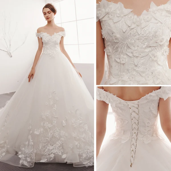 Charming Ivory Wedding Dresses 2019 A-Line / Princess Off-The-Shoulder Lace Flower Pearl Appliques Sleeveless Backless Cathedral Train
