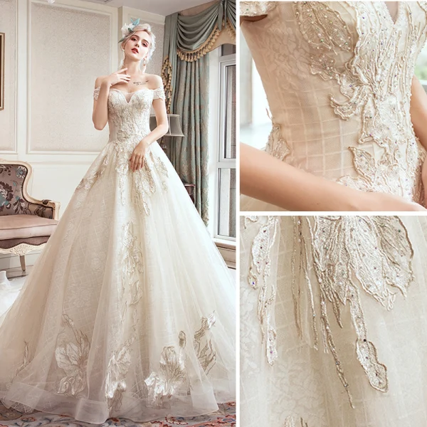 Schöne Champagner Brautkleider / Hochzeitskleider 2019 A Linie Off Shoulder Perlenstickerei Strass Spitze Blumen Kurze Ärmel Rückenfreies Königliche Schleppe
