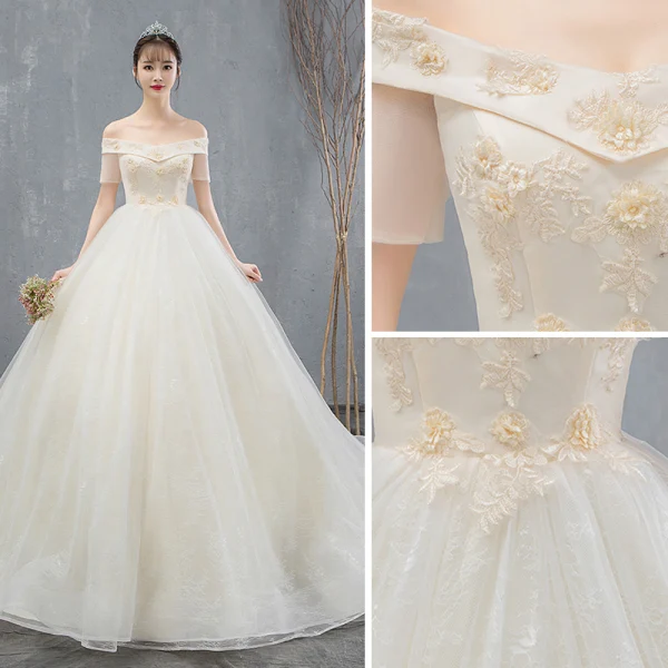 Elegant Champagne Wedding Dresses 2019 Ball Gown Off-The-Shoulder Appliques Lace Flower Short Sleeve Backless Chapel Train