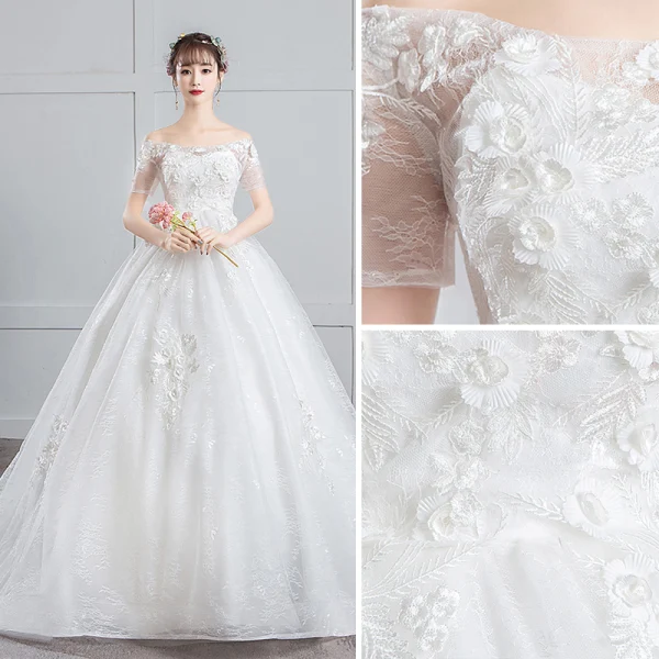 Elegant Ivory Pregnant Wedding Dresses 2019 Empire Off-The-Shoulder Sequins Appliques Lace Flower Short Sleeve Chapel Train