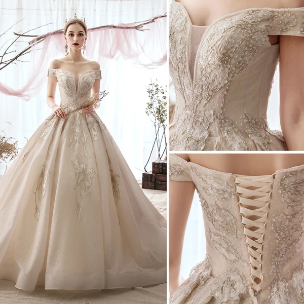 Elegant Champagne Wedding Dresses 2019 Ball Gown Off-The-Shoulder Beading Lace Flower Sequins Short Sleeve Backless Cathedral Train