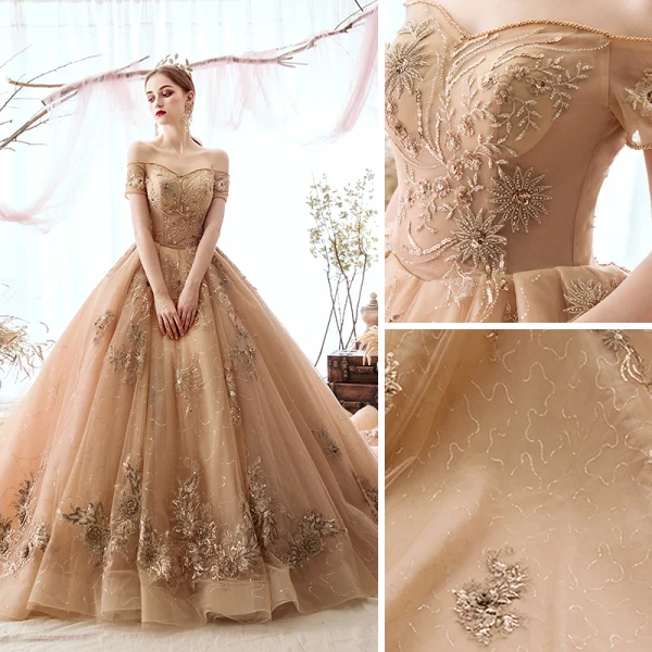 Luxe Champagne Robe De Mariée 2019 Princesse De l'épaule Perlage Paillettes En Dentelle Fleur Manches Courtes Dos Nu Royal Train