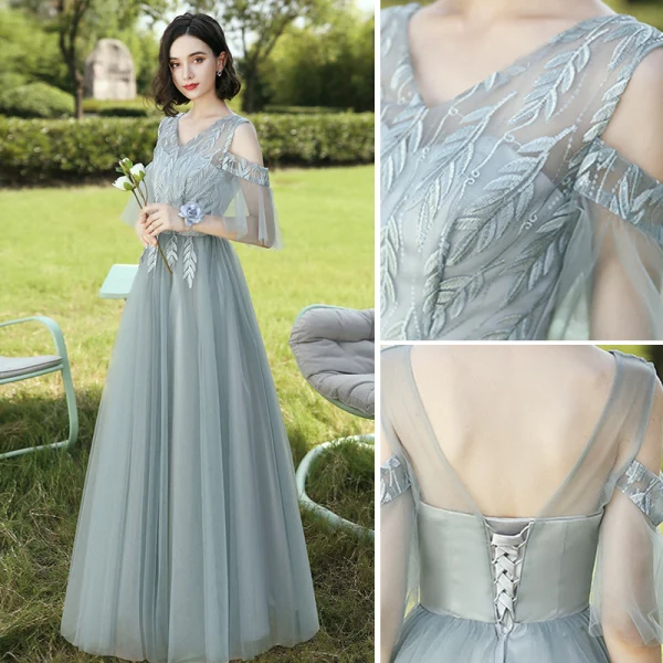 Modest / Simple Sage Green Embroidered Bridesmaid Dresses 2021 A-Line / Princess V-Neck Short Sleeve Backless Floor-Length / Long Wedding Party Dresses