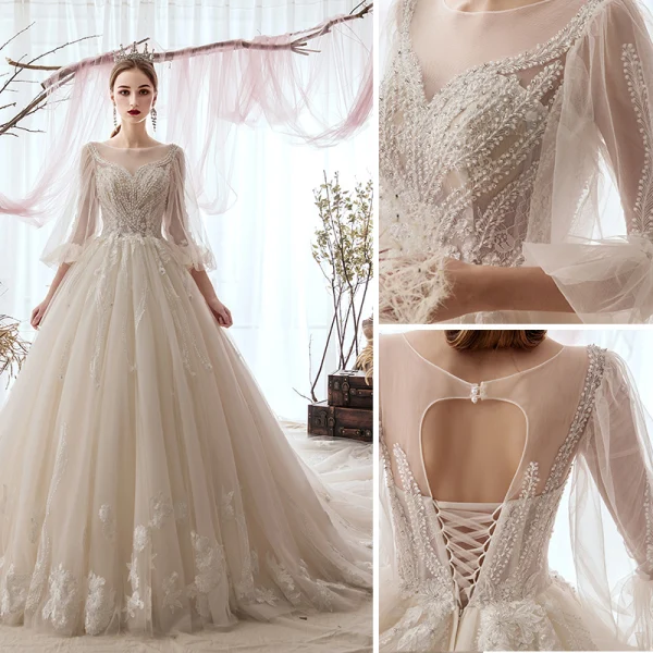 Luxury / Gorgeous Champagne Wedding Dresses 2019 A-Line / Princess Scoop Neck Beading Lace Flower 3/4 Sleeve Backless Cathedral Train